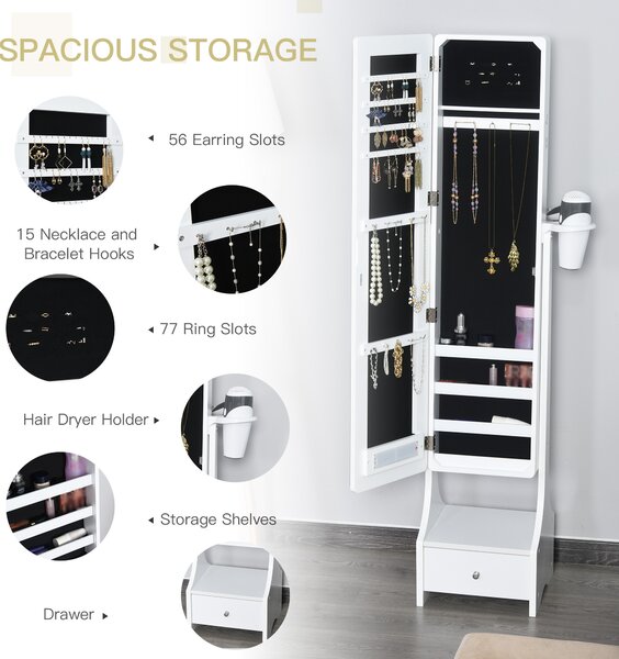 HOMCOM Jewellery Cabinet with Mirror, Freestanding Armoire LED Lights, Hooks, Drawer, Hairdryer Holder, Vanity Adjustable, White Aosom UK