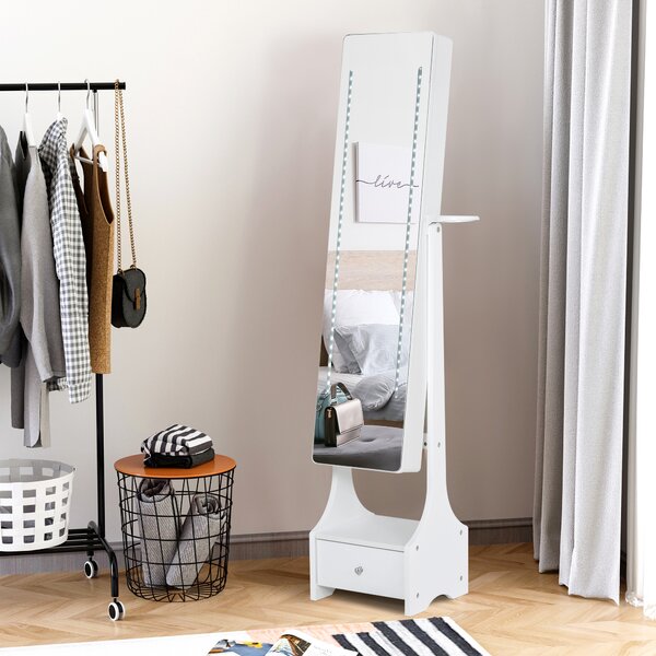 HOMCOM Jewellery Cabinet with Mirror, Freestanding Armoire LED Lights, Hooks, Drawer, Hairdryer Holder, Vanity Adjustable, White Aosom UK