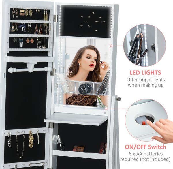 HOMCOM Jewellery Cabinet with LED Light, 2 Mirrors, Drawers, Hooks, Shelves, Make-Up Vanity Dresser, Adjustable, White. Aosom UK