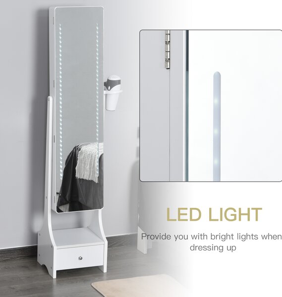 HOMCOM Jewellery Cabinet with Mirror, Freestanding Armoire LED Lights, Hooks, Drawer, Hairdryer Holder, Vanity Adjustable, White Aosom UK
