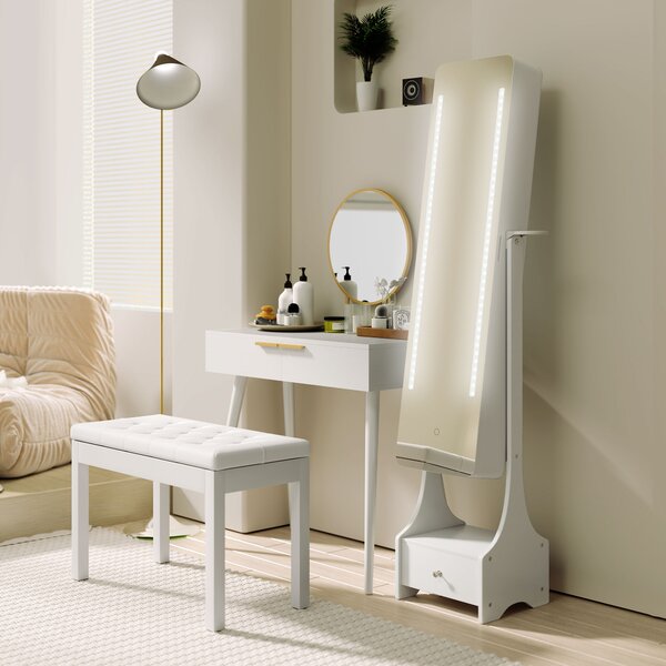 HOMCOM Jewellery Cabinet with Mirror, Freestanding Armoire LED Lights, Hooks, Drawer, Hairdryer Holder, Vanity Adjustable, White Aosom UK