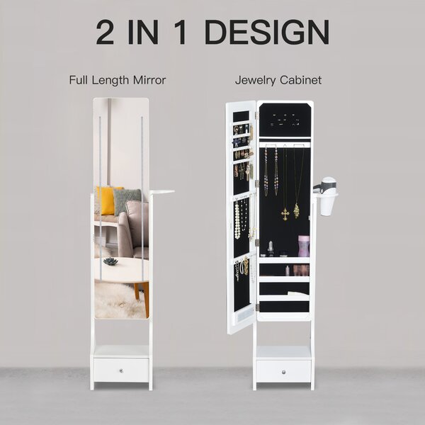 HOMCOM Jewellery Cabinet with Mirror, Freestanding Armoire LED Lights, Hooks, Drawer, Hairdryer Holder, Vanity Adjustable, White Aosom UK