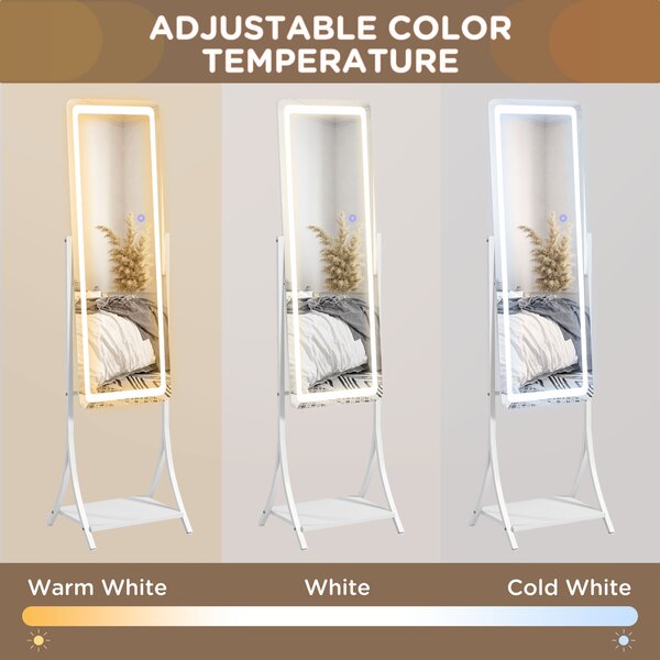 HOMCOM Full Length Dressing Mirror with LED Lights, Adjustable Colour Temperature, Storage Shelf, Ideal for Outfit Checks Aosom UK