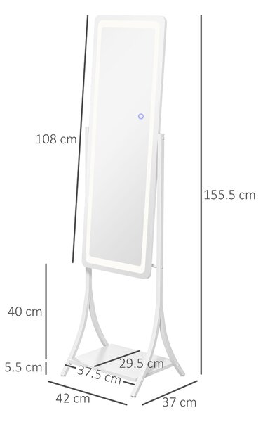 HOMCOM Full Length Dressing Mirror with LED Lights, Adjustable Colour Temperature, Storage Shelf, Ideal for Outfit Checks Aosom UK