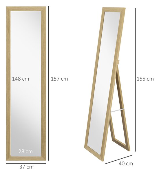 HOMCOM Full Length Wall Mirror w/ Anti-Slip Pads & Wood-Effect Frame for Bedroom, Hallway or Lounge, 155 x 40 cm, Natural Aosom UK
