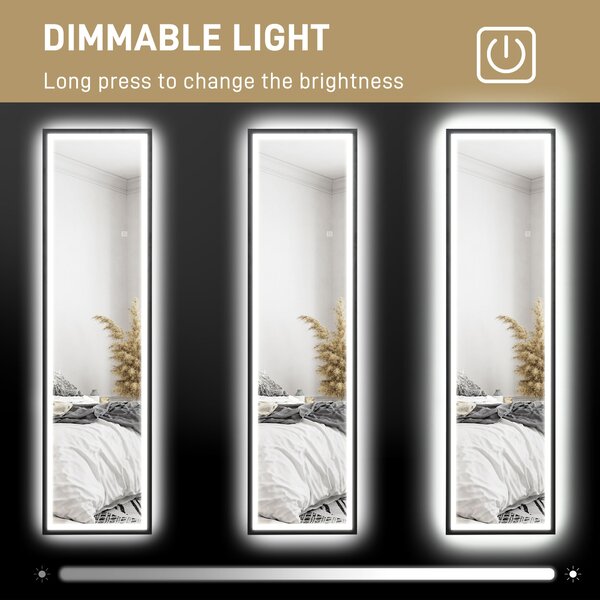 HOMCOM Full Length Mirror with LED Lights, 150 x 40cm Free Standing Mirror with Dimming and 3 Colour Lighting for Living Room, Black Aosom UK