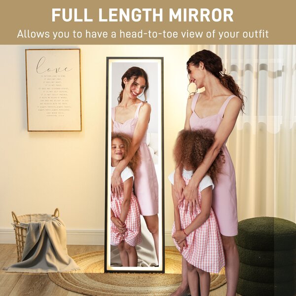 HOMCOM Full Length Mirror with LED Lights, 150 x 40cm Free Standing Mirror with Dimming and 3 Colour Lighting for Living Room, Black Aosom UK