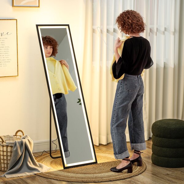 HOMCOM Full Length Mirror with LED Lights, 150 x 40cm Free Standing Mirror with Dimming and 3 Colour Lighting for Living Room, Black Aosom UK