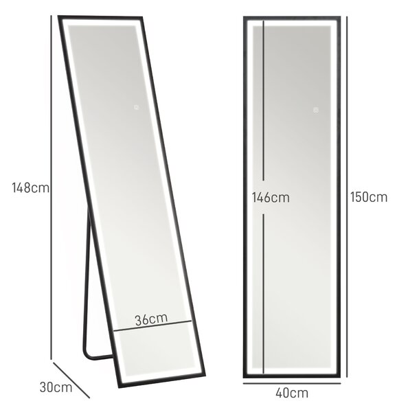 HOMCOM Full Length Mirror with LED Lights, 150 x 40cm Free Standing Mirror with Dimming and 3 Colour Lighting for Living Room, Black Aosom UK