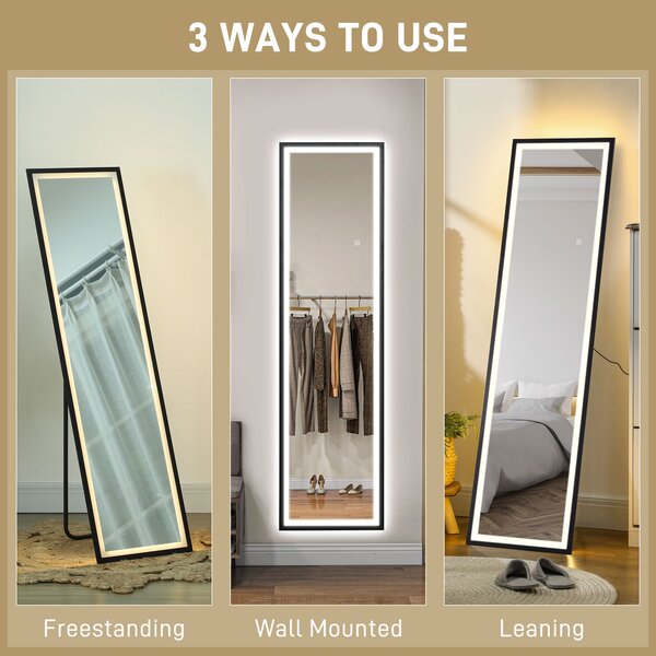 HOMCOM Full Length Mirror with LED Lights, 150 x 40cm Free Standing Mirror with Dimming and 3 Colour Lighting for Living Room, Black Aosom UK