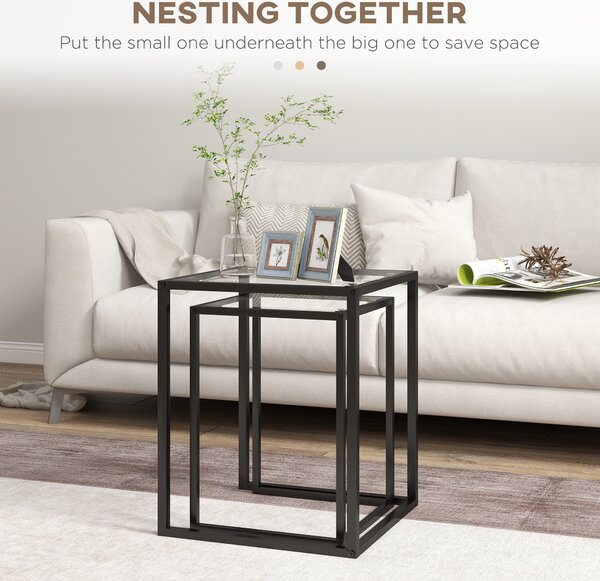HOMCOM Nesting Tables Set of 2, Side End Table with Tempered Glass Top and Steel Frame for Living Room, Bedroom, Black