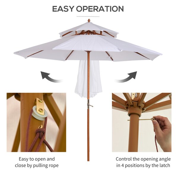 Outsunny Waterproof 2.7m Patio Umbrella Double Tier Garden Parasol Umbrella Outdoor Sun Umbrella Sunshade Bamboo Parasol Cream White Aosom UK