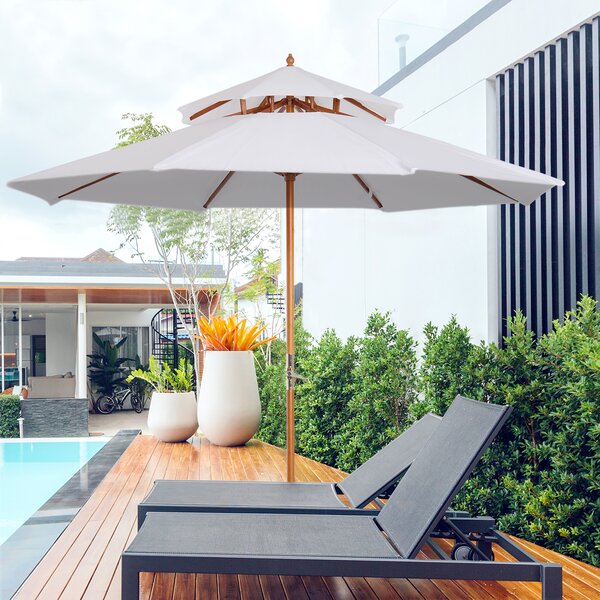 Outsunny Waterproof 2.7m Patio Umbrella Double Tier Garden Parasol Umbrella Outdoor Sun Umbrella Sunshade Bamboo Parasol Cream White Aosom UK