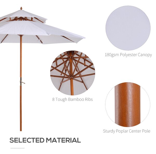 Outsunny Waterproof 2.7m Patio Umbrella Double Tier Garden Parasol Umbrella Outdoor Sun Umbrella Sunshade Bamboo Parasol Cream White Aosom UK