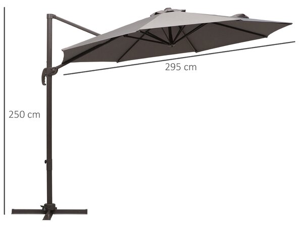 Outsunny 3M Roma Umbrella Sun Shade Cantilever Hanging Parasol w/ Cross Base Hand Crank Aluminium Frame 360°Rotation - Grey Aosom UK