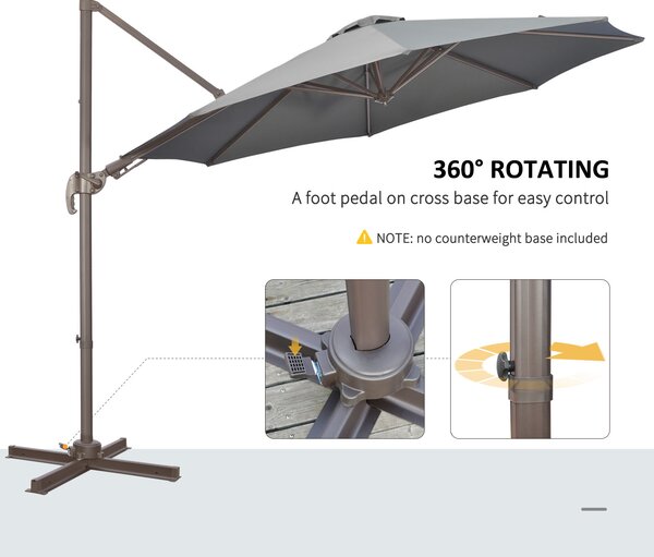 Outsunny Waterproof 3m Cantilever Parasol: 360° Rotating Hanging Sunshade, Aluminium Frame, 8 Ribs, Dark Grey Aosom UK