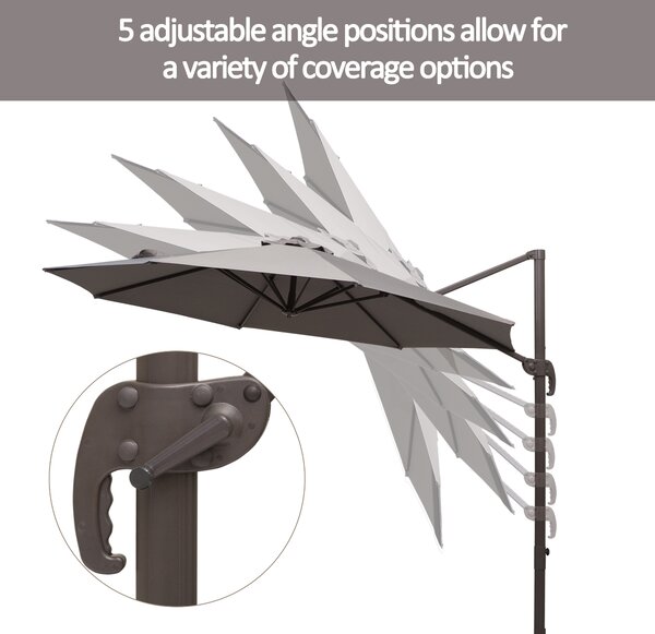Outsunny 3M Roma Umbrella Sun Shade Cantilever Hanging Parasol w/ Cross Base Hand Crank Aluminium Frame 360°Rotation - Grey Aosom UK