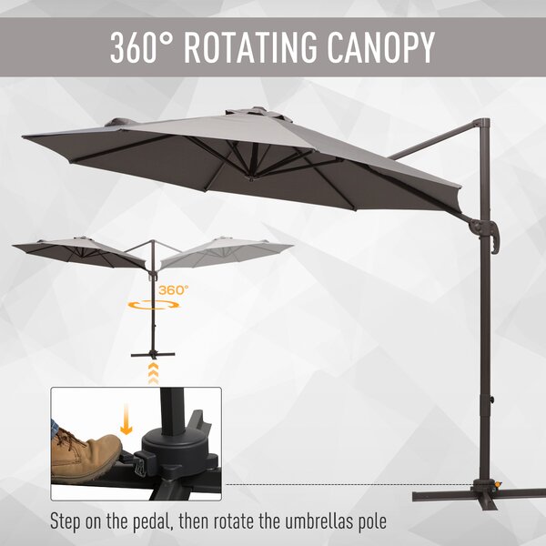 Outsunny 3M Roma Umbrella Sun Shade Cantilever Hanging Parasol w/ Cross Base Hand Crank Aluminium Frame 360°Rotation - Grey Aosom UK