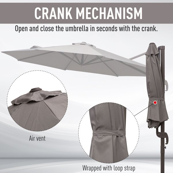 Outsunny 3M Roma Umbrella Sun Shade Cantilever Hanging Parasol w/ Cross Base Hand Crank Aluminium Frame 360°Rotation - Grey Aosom UK