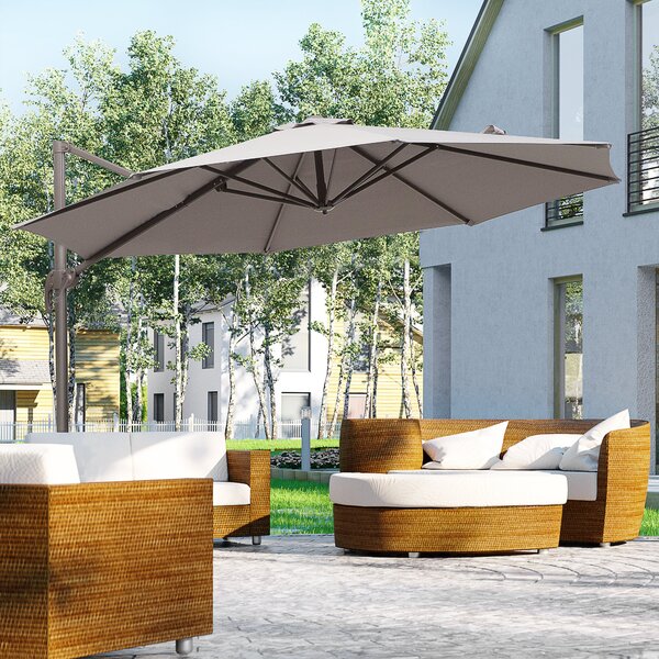 Outsunny 3M Roma Umbrella Sun Shade Cantilever Hanging Parasol w/ Cross Base Hand Crank Aluminium Frame 360°Rotation - Grey Aosom UK