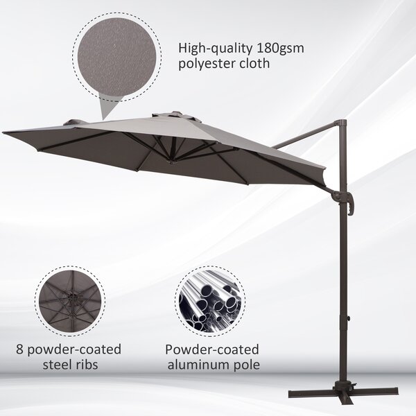 Outsunny 3M Roma Umbrella Sun Shade Cantilever Hanging Parasol w/ Cross Base Hand Crank Aluminium Frame 360°Rotation - Grey Aosom UK