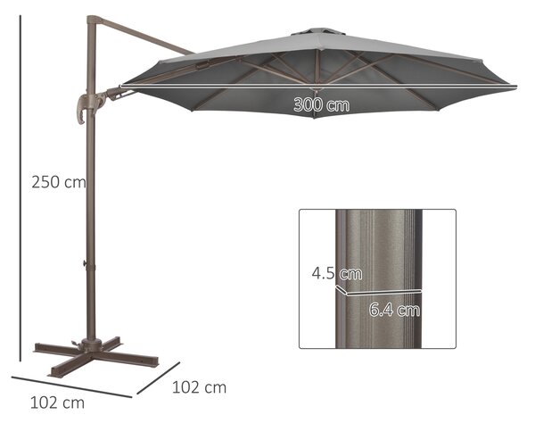Outsunny Waterproof 3m Cantilever Parasol: 360° Rotating Hanging Sunshade, Aluminium Frame, 8 Ribs, Dark Grey Aosom UK
