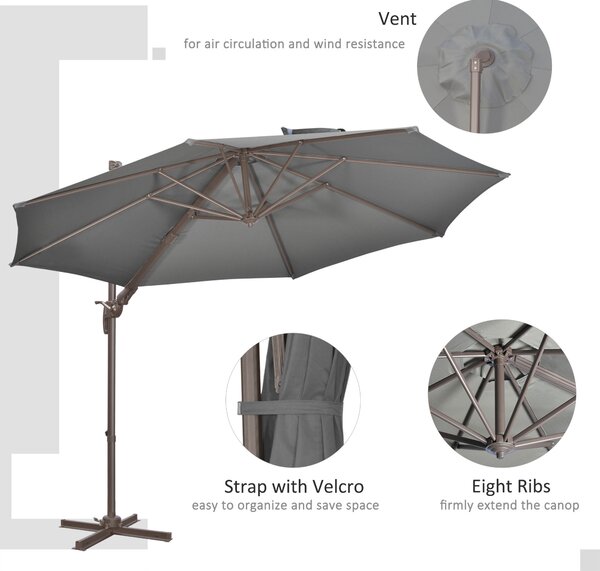 Outsunny Waterproof 3m Cantilever Parasol: 360° Rotating Hanging Sunshade, Aluminium Frame, 8 Ribs, Dark Grey Aosom UK