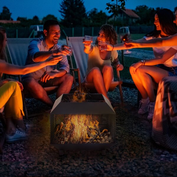 Outsunny Outdoor Fire Pit: Stylish Centrepiece for Alfresco Evenings, Mesh Design with Lid, Log Grate & Poker, Black Aosom UK