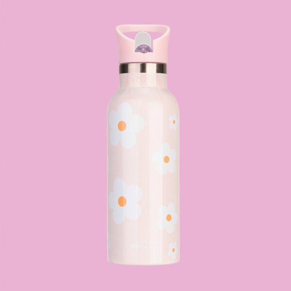 Pink Flowers Stainless Steel Water Bottle with Straw