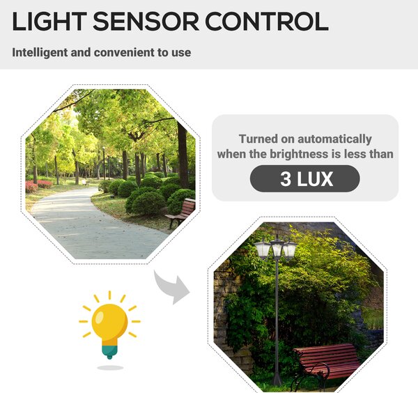 Outsunny 3-Solar Powered Lamp Post, IP44, 51.5Lx47Wx182.5H cm-Black Aosom UK