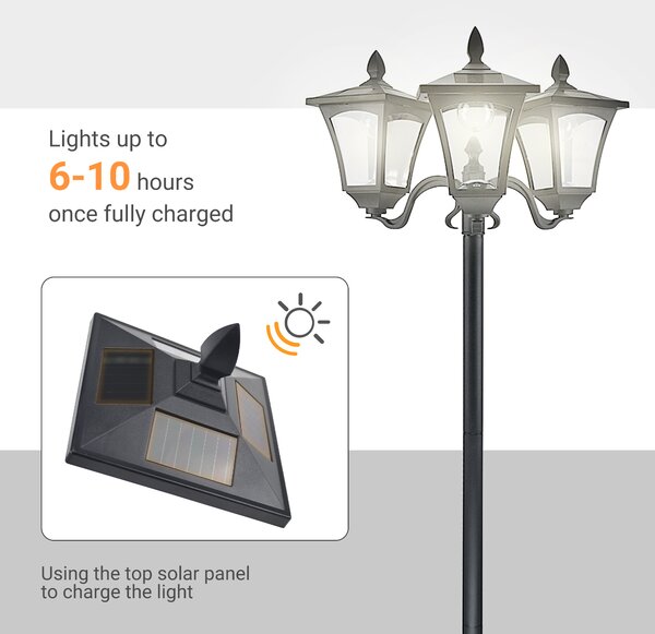 Outsunny 3-Solar Powered Lamp Post, IP44, 51.5Lx47Wx182.5H cm-Black Aosom UK