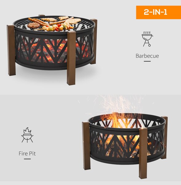 Outsunny 2-in-1 Outdoor Fire Pit Bowl with BBQ Grill Grate 30" Steel Heater with Spark Screen Cover, Fire Poker for Backyard Bonfire Outdoor Cooking