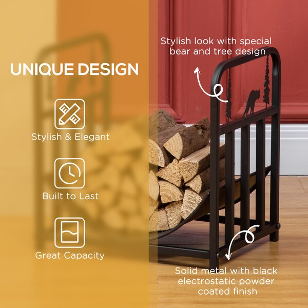Outsunny Firewood Log Rack Curved Fireplace Log Holder Wood Storage Rack w/ Handles, Bear Shape Design, 42 x 33.5 x 43 cm, Black Aosom UK