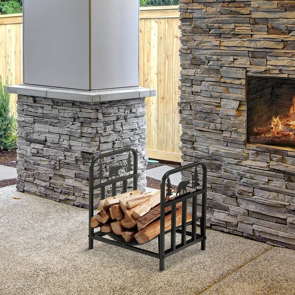 Outsunny Firewood Log Rack Curved Fireplace Log Holder Wood Storage Rack w/ Handles, Bear Shape Design, 42 x 33.5 x 43 cm, Black Aosom UK