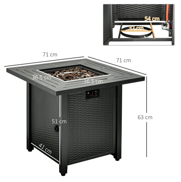 Outsunny Square Propane Gas Fire Pit Table, 40000 BTU Rattan Smokeless Firepit Patio Heater w/ Cover, Lava Rocks & Lid, 71x71x62cm, Black Aosom UK