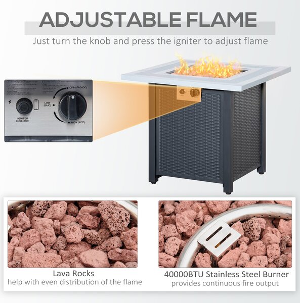 Outsunny Square Propane Gas Fire Pit Table, 40000 BTU Rattan Smokeless Firepit Patio Heater w/ Lava Rocks & Lid, 71cm x 71cm x 62cm, Black Aosom UK