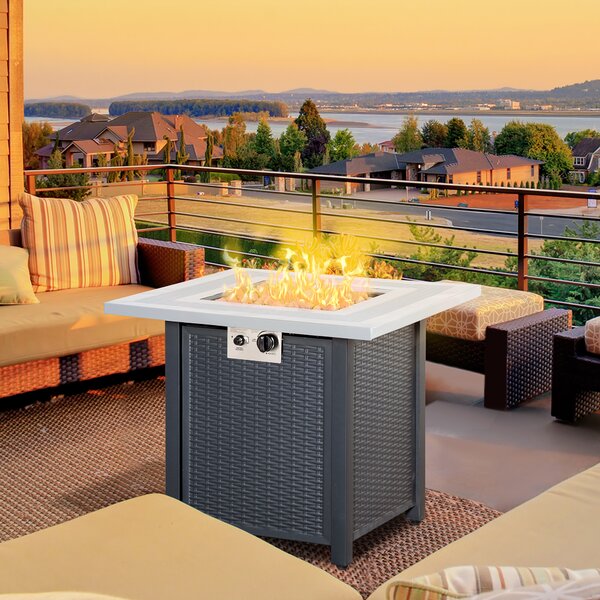 Outsunny Square Propane Gas Fire Pit Table, 40000 BTU Rattan Smokeless Firepit Patio Heater w/ Lava Rocks & Lid, 71cm x 71cm x 62cm, Black Aosom UK