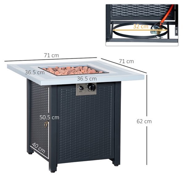 Outsunny Square Propane Gas Fire Pit Table, 40000 BTU Rattan Smokeless Firepit Patio Heater w/ Lava Rocks & Lid, 71cm x 71cm x 62cm, Black Aosom UK