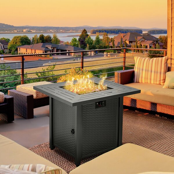 Outsunny Square Propane Gas Fire Pit Table, 40000 BTU Rattan Smokeless Firepit Patio Heater w/ Cover, Lava Rocks & Lid, 71x71x62cm, Black Aosom UK