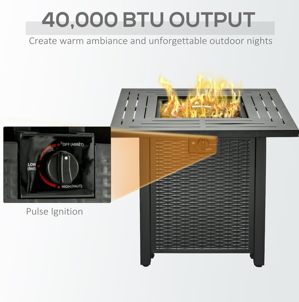 Outsunny Square Propane Gas Fire Pit Table, 40000 BTU Rattan Smokeless Firepit Patio Heater w/ Cover, Lava Rocks & Lid, 71x71x62cm, Black Aosom UK