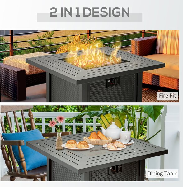 Outsunny Square Propane Gas Fire Pit Table, 40000 BTU Rattan Smokeless Firepit Patio Heater w/ Cover, Lava Rocks & Lid, 71x71x62cm, Black Aosom UK