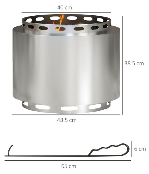 Outsunny Smokeless Fire Pit, 48.5cm Portable Wood Burning Firepit with Poker for Garden Camping Bonfire Party, Stainless Steel, Silver
