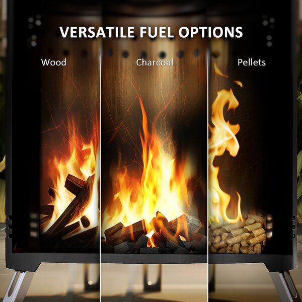 Outsunny Smokeless Fire Pit, 16 x 16 cm Stainless Steel Portable Wood Burning Firepit with Poker for Garden Camping Bonfire Party, Black
