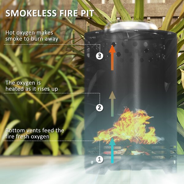 Outsunny Smokeless Fire Pit, 16 x 16 cm Stainless Steel Portable Wood Burning Firepit with Poker for Garden Camping Bonfire Party, Black