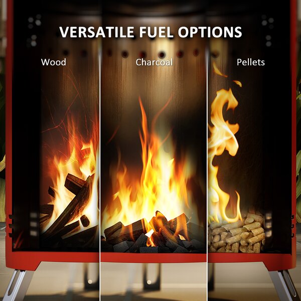 Outsunny Smokeless Fire Pit, 16 x 16 cm Stainless Steel Portable Wood Burning Firepit with Poker for Garden Camping Bonfire Party, Red