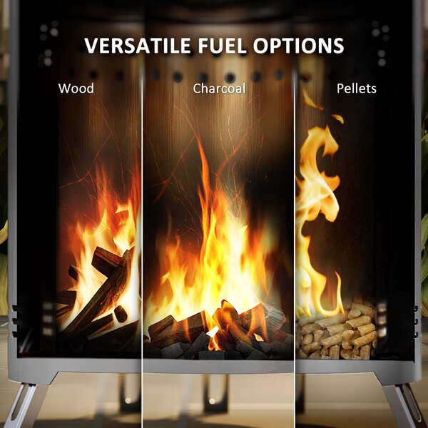 Outsunny Smokeless Fire Pit, 16 x 16 cm Stainless Steel Portable Wood Burning Firepit with Poker for Garden Camping Bonfire Party, Silver Tone