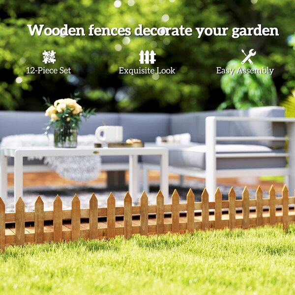 Outsunny 60L x 1D x 34H cm Pack of 12 Wooden Border Fences, Garden Fixed Picket Fence for Lawn Edging, Flowerbed, Brown Aosom UK