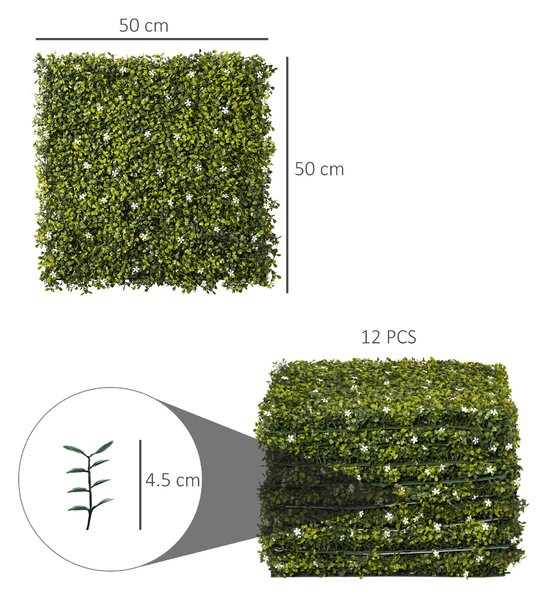 Outsunny 12PCS Artificial Boxwood Wall Panels 50cm x 50cm Grass Privacy Fence Screen Faux Hedge Greenery Backdrop Encrypted Milan Grass