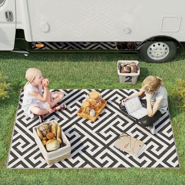 Outsunny Reversible Outdoor Mat: Portable Plastic Straw Rug for RVs, Gardens & Decks, Black & White, 121x182 cm Aosom UK