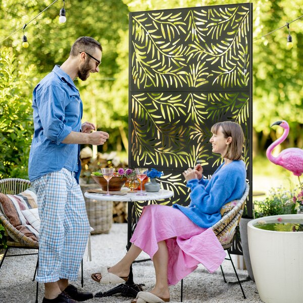 Outsunny Outdoor Privacy Screen w/ Stand & Ground Stakes, 6.5FT Metal Outdoor Divider, Decorative Privacy Panel for Garden Branch Style Aosom UK